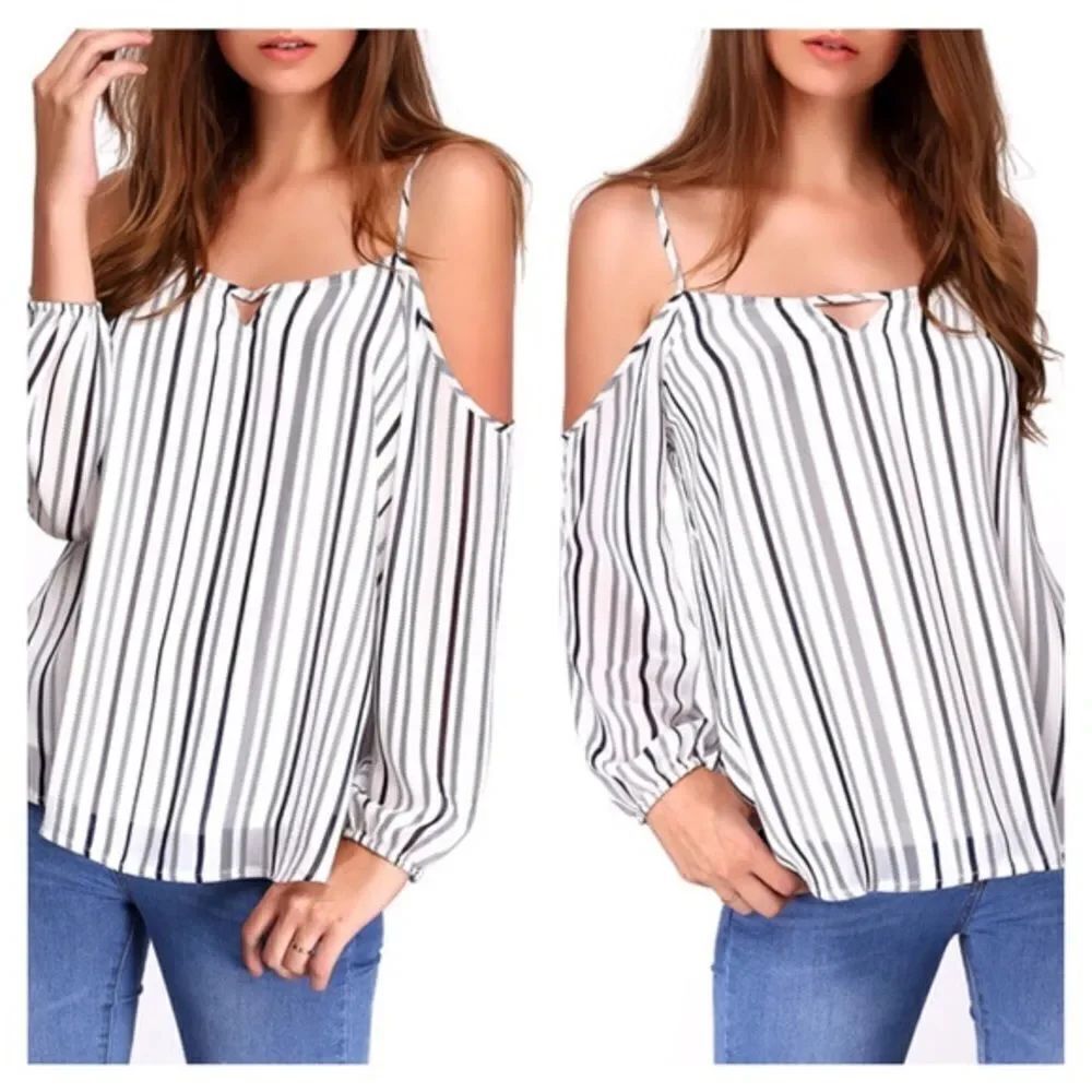 ✨White Cold Shoulder Striped Keyhole Blouse✨ - Picture 4 of 4